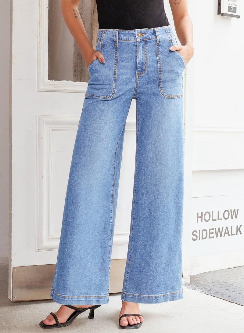 Sidefeel Womens Wide Leg Jeans High Waisted Stretchy Straight Leg Baggy Denim Pants with Pockets Iceland Blue Size 12 - Image 3