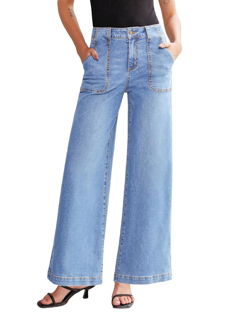 Sidefeel Womens Wide Leg Jeans High Waisted Stretchy Straight Leg Baggy Denim Pants with Pockets Iceland Blue Size 12 - Image 1
