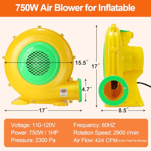 ZAFIED Bounce House Blower, 750W/1HP Commercial Air Blower with Double-Sided Fan Blade Design, Strong Wind and Great Heat Dissipation Properties for Bouncy Castle, Jump Slides, Arch, Inflatables - Image 2