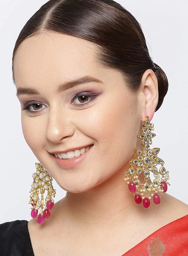 Karatcart Gold Plated Star Design Kundan Dangler Earring for Women's, Red - Image 2