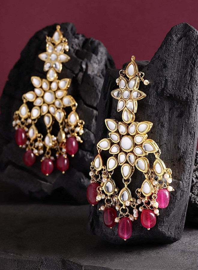 Karatcart Gold Plated Star Design Kundan Dangler Earring for Women's, Red - Image 3