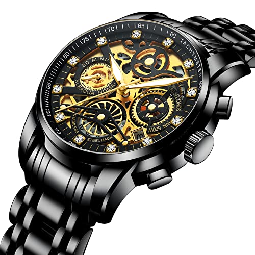 Gosasa Fashion Hollowed Men Watches Diamonds High Grade Trend Watch Stainless Steel Strap Calendar Luminous Quartz Waterproof Business Male Wristwatch (Black Gold) - Image 2