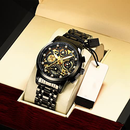 Gosasa Fashion Hollowed Men Watches Diamonds High Grade Trend Watch Stainless Steel Strap Calendar Luminous Quartz Waterproof Business Male Wristwatch (Black Gold) - Image 5