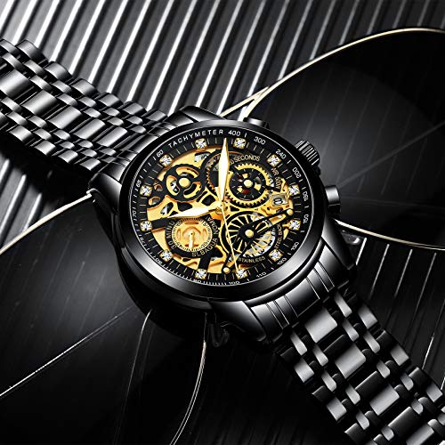 Gosasa Fashion Hollowed Men Watches Diamonds High Grade Trend Watch Stainless Steel Strap Calendar Luminous Quartz Waterproof Business Male Wristwatch (Black Gold) - Image 3