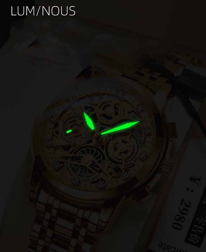 Gosasa Fashion Hollowed Men Watches Diamonds High Grade Trend Watch Stainless Steel Strap Calendar Luminous Quartz Waterproof Business Male Wristwatch (Black Gold) - Image 4