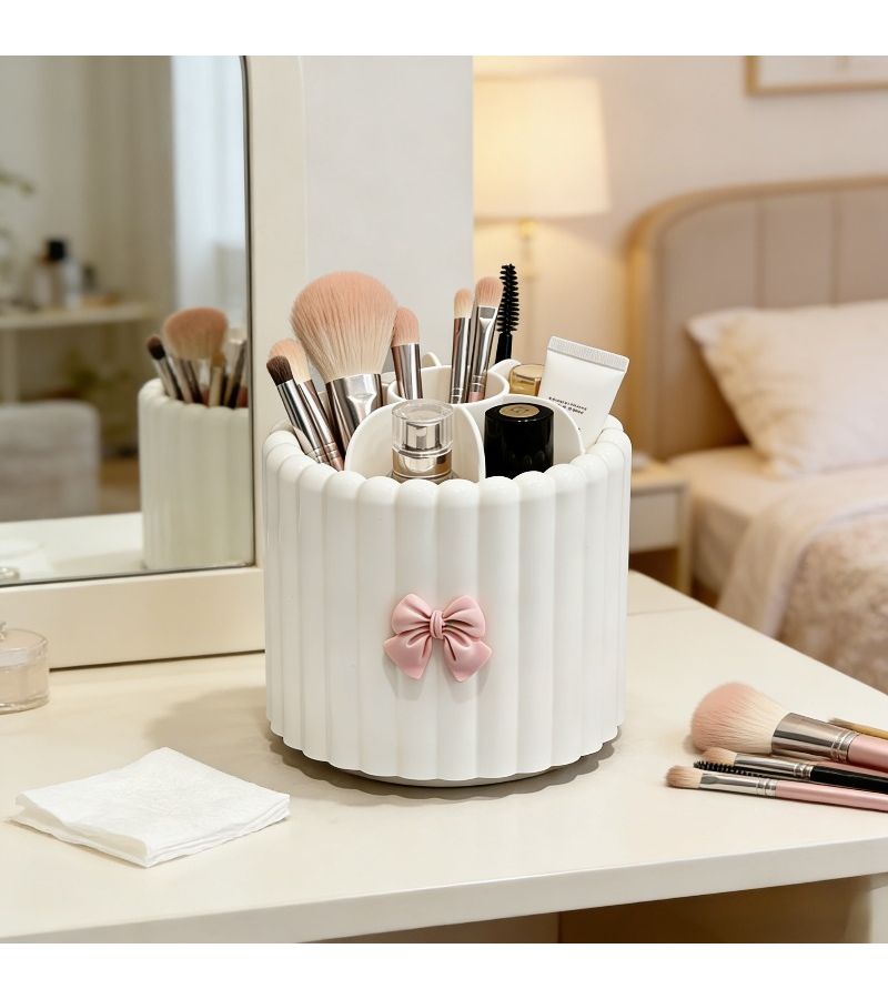 Pink 360 Degree Rotating Makeup Brush Holder With Spinning Base And Compartments - Image 1