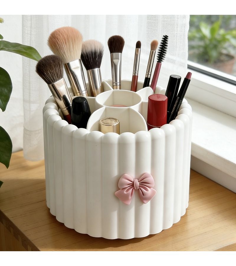 Pink 360 Degree Rotating Makeup Brush Holder With Spinning Base And Compartments - Image 5