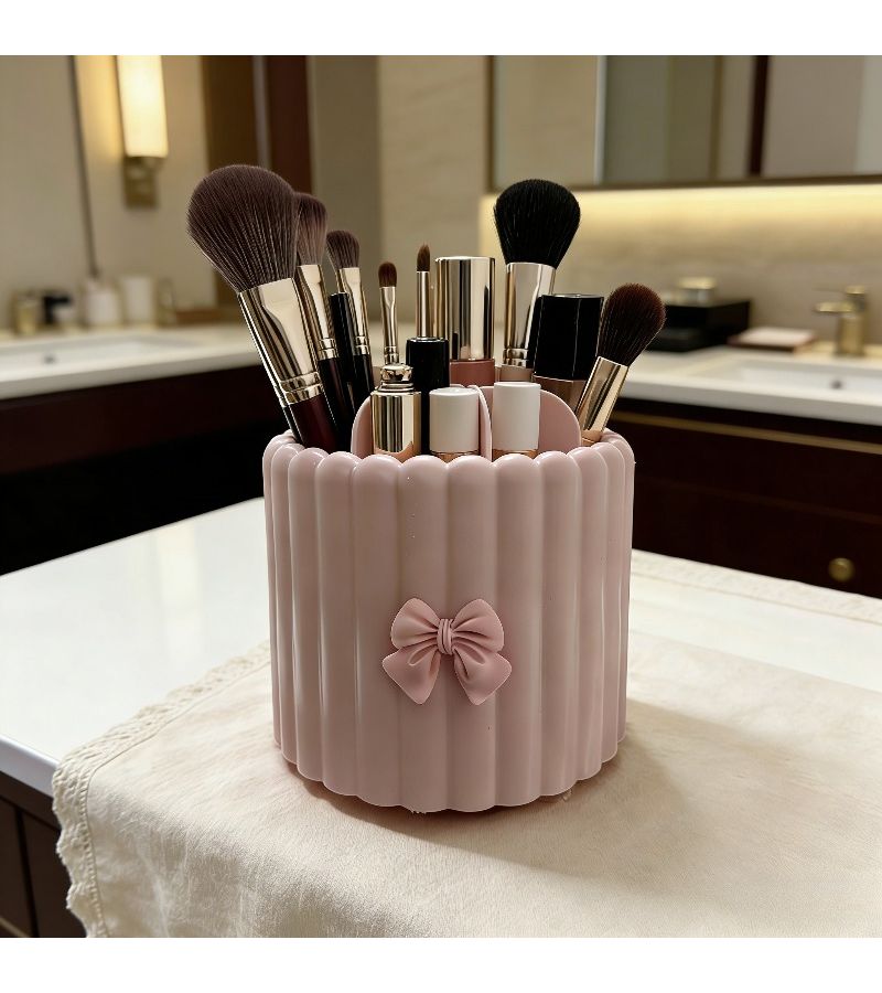 Pink 360 Degree Rotating Makeup Brush Holder With Spinning Base And Compartments - Image 4