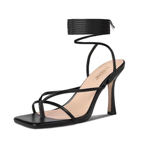 ISNOM Lace Up Heels Sandals for Women, Square Toe Open Toe Thong Strappy Heels Women's Stiletto Heeled Sandals -Black - Image 1