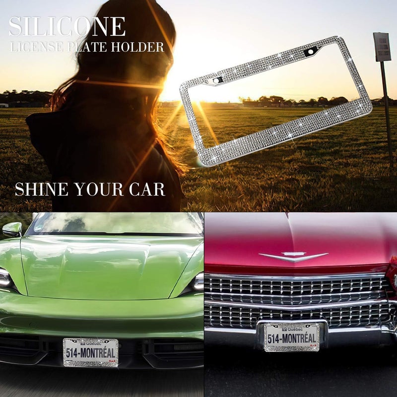 OKLPF Bling License Plate Frame for Women, White Sparkly Stainless Steel License Plate Frames| Over 1200 pcs 14 Facets Bedazzled Clear Glass Rhinestone Crystals w/Free Glitter Diamond Box, 1 Pcs - Image 2