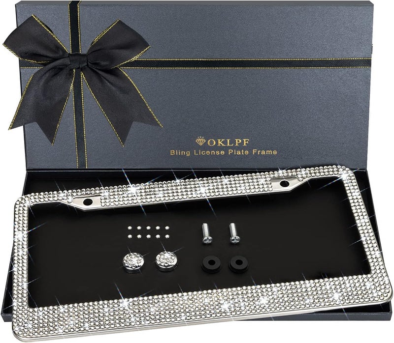 OKLPF Bling License Plate Frame for Women, White Sparkly Stainless Steel License Plate Frames| Over 1200 pcs 14 Facets Bedazzled Clear Glass Rhinestone Crystals w/Free Glitter Diamond Box, 1 Pcs - Image 1