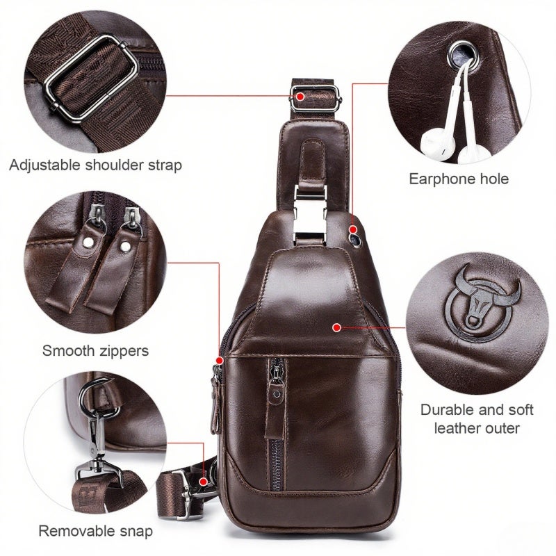 BULLCAPTAIN Men's Leather Sling Bag Waterproof Crossbody Pack Chest Shoulder Backpack for Hiking Cycling Mountaineering Travelling - Image 4