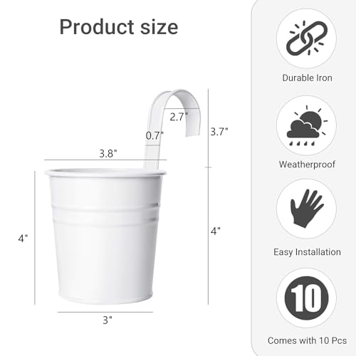 Dahey 10 Pcs Hanging Flower Pots Metal Iron Bucket Planter for Railing Fence Balcony Garden Home Decoration Flower Holders with Detachable Hooks, White, 4 Inches - Image 2