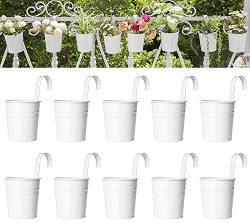 Dahey 10 Pcs Hanging Flower Pots Metal Iron Bucket Planter for Railing Fence Balcony Garden Home Decoration Flower Holders with Detachable Hooks, White, 4 Inches - Image 1