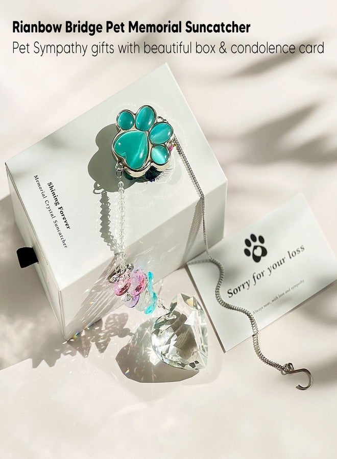 AMETHUARTZ Pet Memorial Suncatcher - Dog Memorial Gifts, Pet Loss Sympathy, Thoughtful Dogs and Cats Bereavement Remembrance Gifts, Natural Cat's Eye Paw Crystal Suncatcher(Peacock Blue) - Image 2