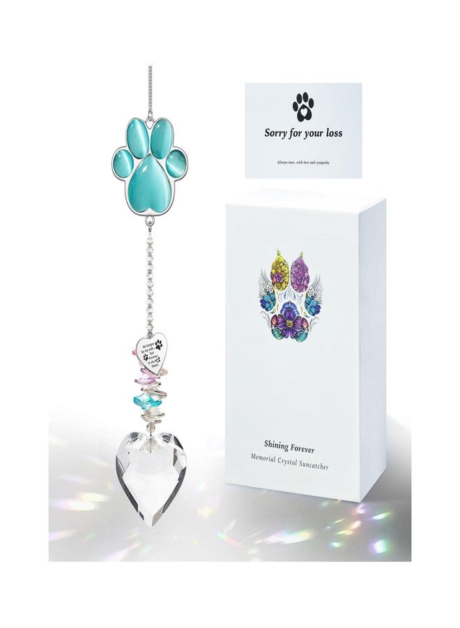 AMETHUARTZ Pet Memorial Suncatcher - Dog Memorial Gifts, Pet Loss Sympathy, Thoughtful Dogs and Cats Bereavement Remembrance Gifts, Natural Cat's Eye Paw Crystal Suncatcher(Peacock Blue) - Image 1