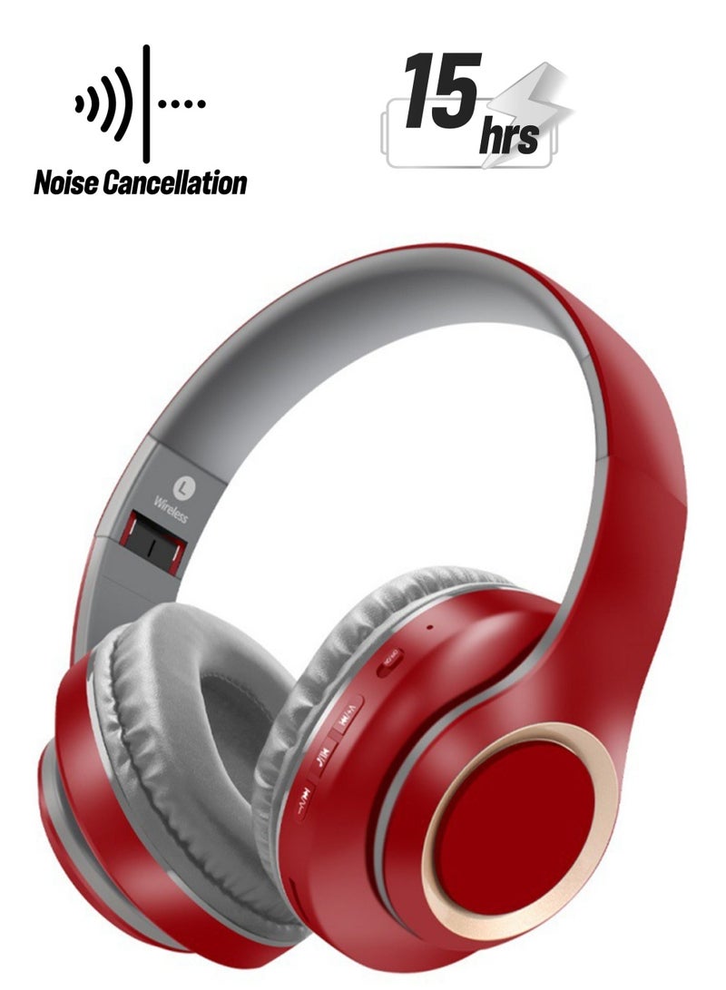 Bluetooth Headset with Mic, Wireless Bluetooth Headset, Foldable Wireless and Wired Stereo Headphones, Soft Earmuffs and Lightweight for Long-Term Wearing (Gray-red) - Image 1