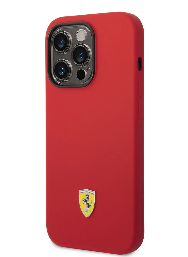 Ferrari Liquid Silicone Case With Red Camera Outline & Metal Logo For iPhone 14 Pro - Red - Image 4