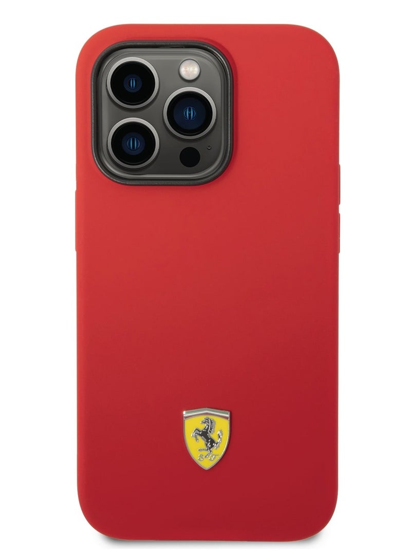 Ferrari Liquid Silicone Case With Red Camera Outline & Metal Logo For iPhone 14 Pro - Red - Image 2