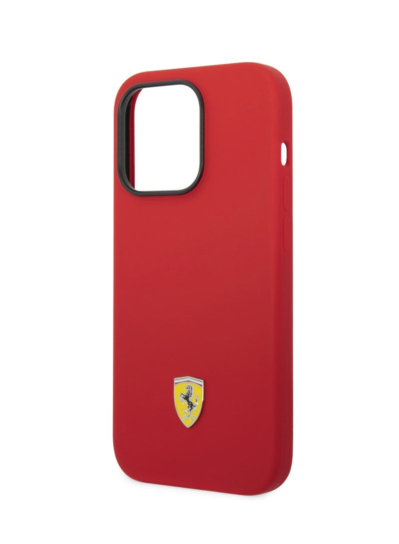 Ferrari Liquid Silicone Case With Red Camera Outline & Metal Logo For iPhone 14 Pro - Red - Image 1
