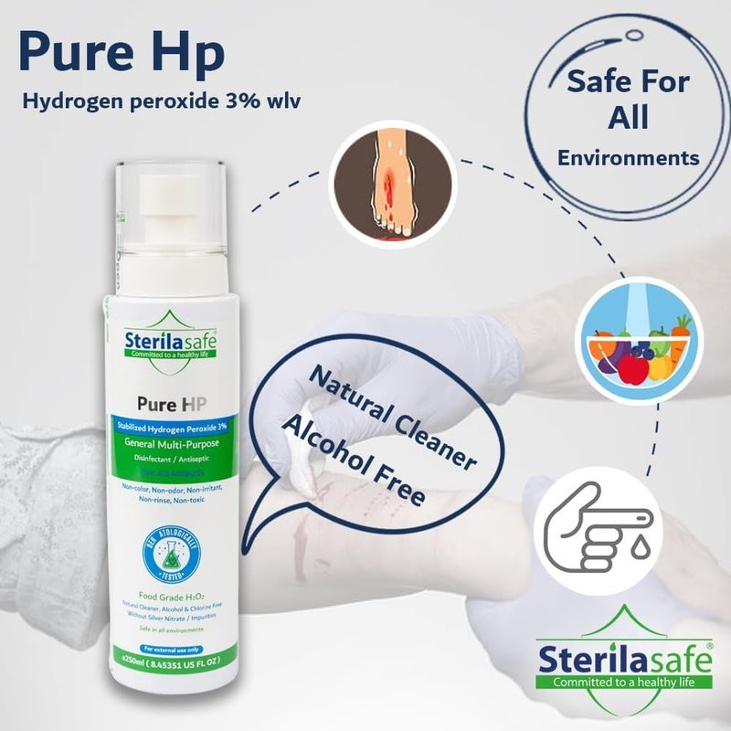 Sterilasafe Committed to a healthy life Pure HP Food Grade, Hydrogen Peroxide 3%, H2O2, Natural Cleaner, NO chemical, First Aid Antiseptic Spray (250 ml) - Image 1