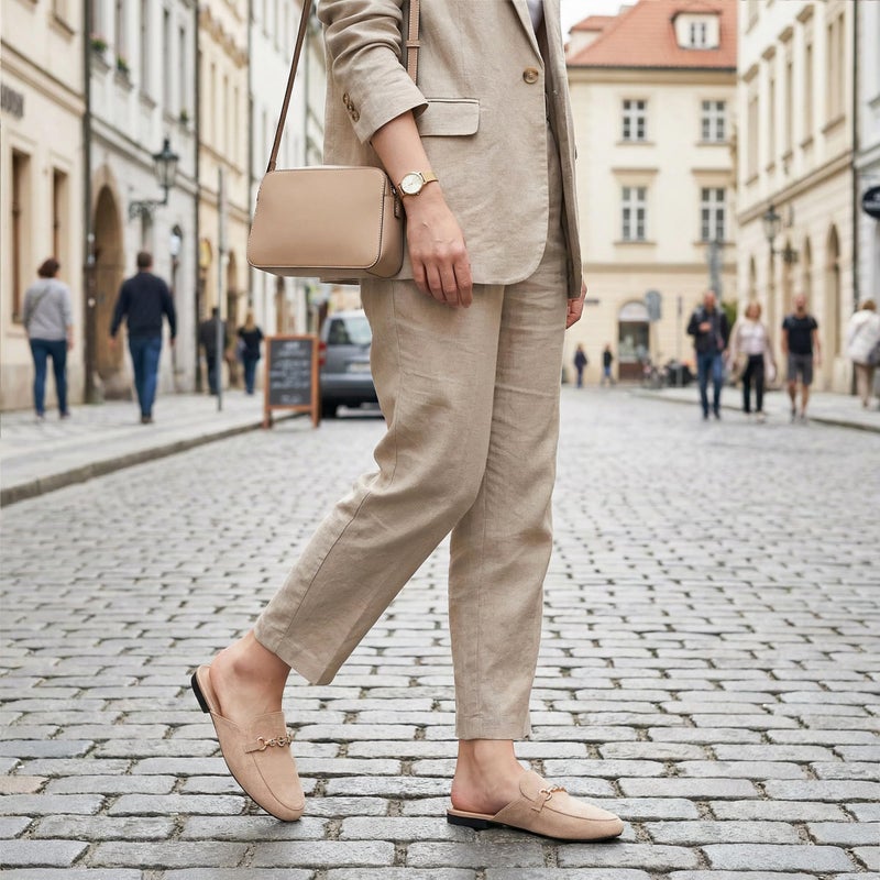 FUDYNMALC Womens Mules Buckle Flats: Classic Suede Slip On Shoes Dressy Closed Toe Backless Slides Loafers 2026 for Business Work Office Casual Apricot - Image 3