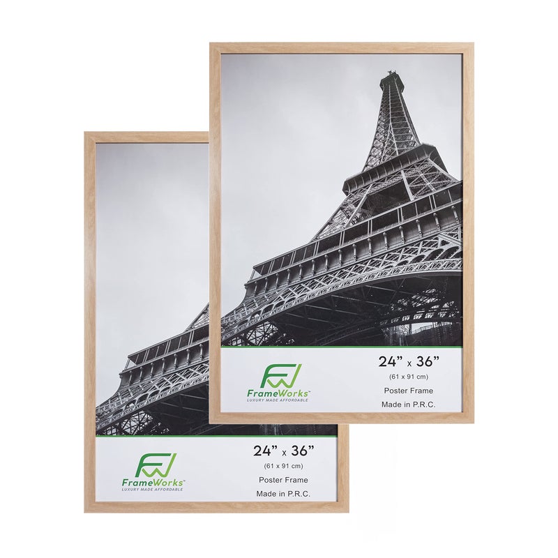 FrameWorks 24x36 Wooden Poster Frame Classic Natural Oak Matte Edged Frames wShatterproof Acrylic Glass Photos Posters Prints Wall Decor  Home Office Gallery Display  Natural Oak  2 Pack