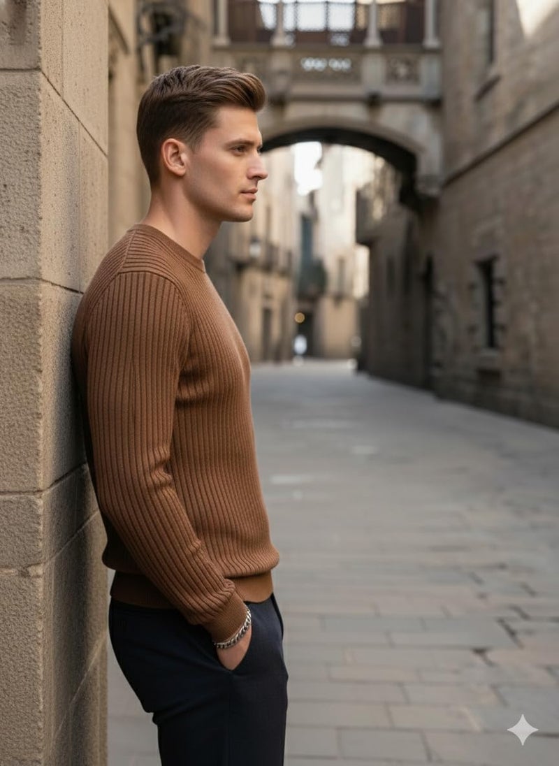 Pivl Men's Winter Round Neck Solid Sweater_Coffee-L - Image 3