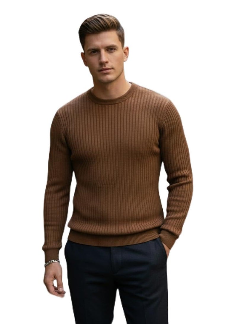 Pivl Men's Winter Round Neck Solid Sweater_Coffee-L - Image 1