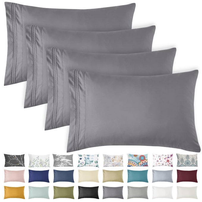 CALIFORNIA KING PILLOW CASES SET OF 4 ULTRA SOFT 1800TC HOTEL QUALITY DOUBLE BRUSHED MICROFIBER EMBROIDERED PILLOWCASES ENVELOPE CLOSURE FADE RESISTANT 20X40 MEDIUM GREY
