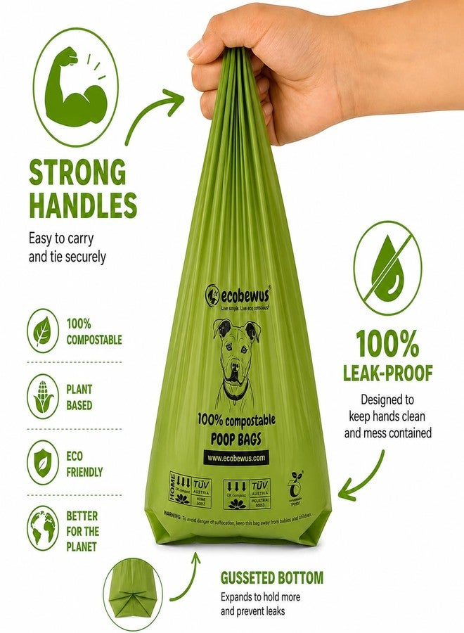 ECOBEWUS 100% Compostable Handle-Tie Doggy Poop Bags (240 Bags) 16 Refill Rolls Biodegradable Plant Based ASTM D6400 & EN 13432 Compliant HOME Certiified Compostabel Pet Dog Waste Bags (240 ct.) - Image 5