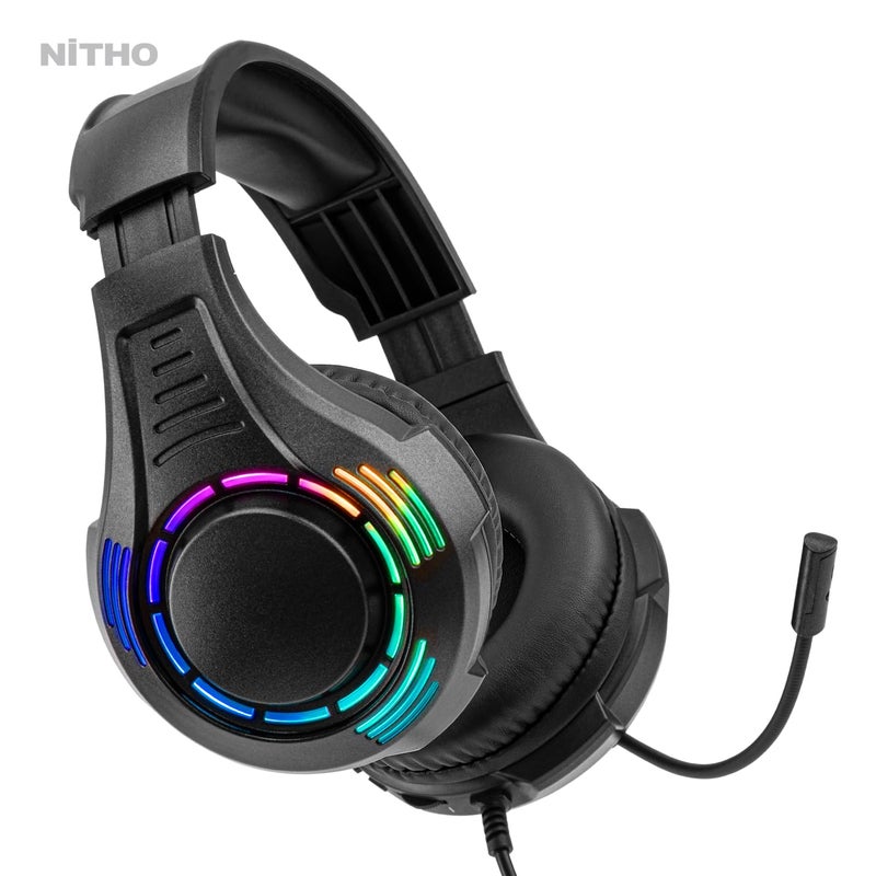 NITHO Spectra Gaming Headset with RGB Light and Microphone, Over-Ear Stereo Headphones for Xbox Series X|S, Xbox One, PS5, PS4, Nintendo Switch, PC, Mobile, 3.5 mm Audio Jack, 50 mm Drivers - Black - Image 2