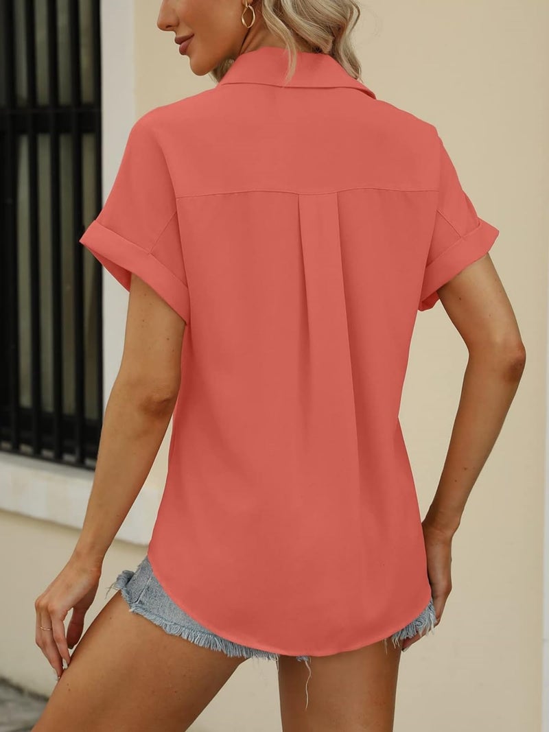 Beautife Womens Short Sleeve Shirts V Neck Collared Button Down Shirt Tops with Pockets Tangerine - Image 5