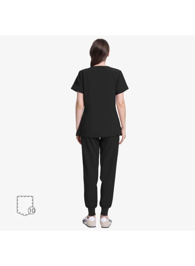 UNIFORMS WORLD Women's Medical Scrub Set-Black | V-Neck Scrub Top & Jogger Pants | Multiple Pockets - Image 3