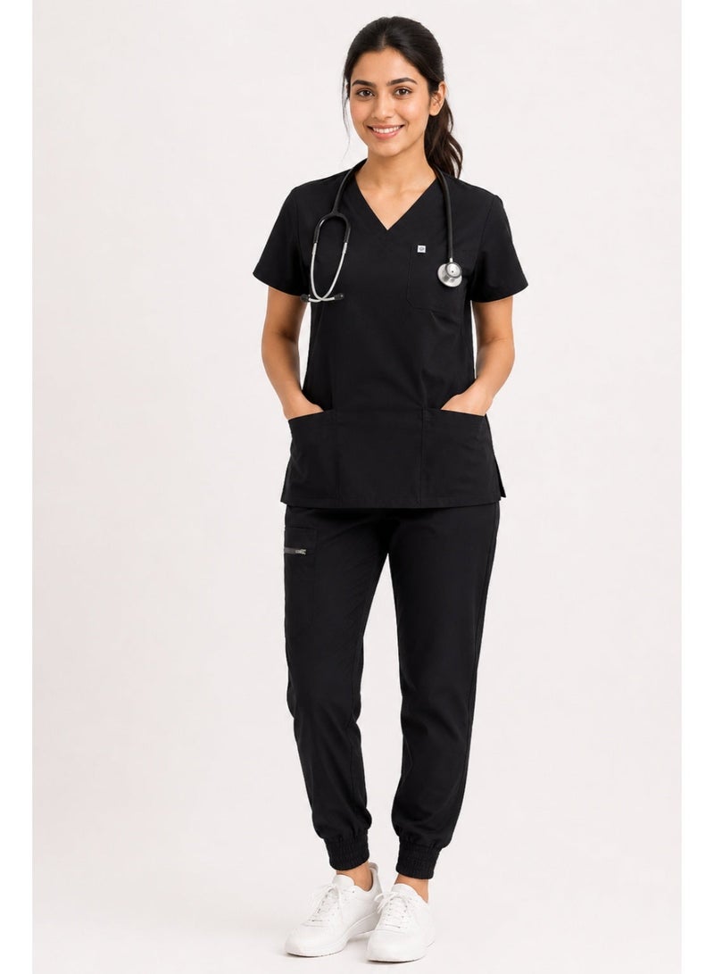 UNIFORMS WORLD Women's Medical Scrub Set-Black | V-Neck Scrub Top & Jogger Pants | Multiple Pockets - Image 1