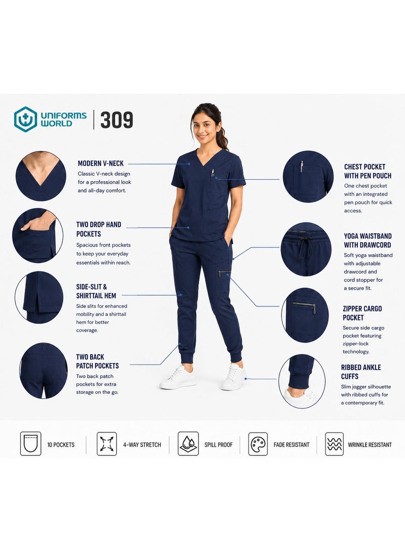 UNIFORMS WORLD Women's Medical Scrub Set-Black | V-Neck Scrub Top & Jogger Pants | Multiple Pockets - Image 4