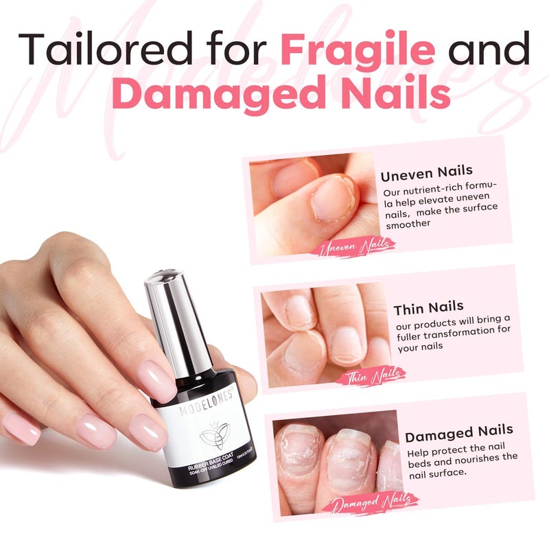modelones Builder Rubber Base Gel for Nails, Light Milky Baby Pink 6 in One Nude Color Base Coat Strengthen Apex Building Extension Long Last Protect Soak Off Manicure for Fragile Nail Art DIY Home - Image 2