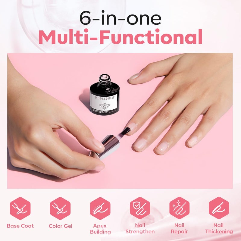 modelones Builder Rubber Base Gel for Nails, Light Milky Baby Pink 6 in One Nude Color Base Coat Strengthen Apex Building Extension Long Last Protect Soak Off Manicure for Fragile Nail Art DIY Home - Image 4