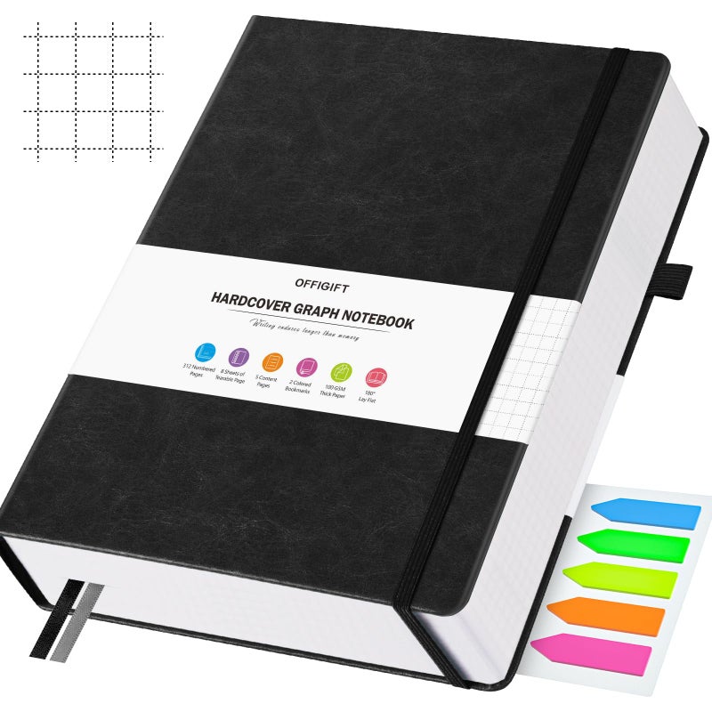 OFFIGIFT Graph Paper Notebook, 312 Numbered Pages Large A4 Hardcover Leather Journal, 100gsm No Bleed Grid Paper Notebook with Index Pages, Squared Grid Notebook for Graphing Notes Math, 8.5'' Ã— 11'', Black - Image 1