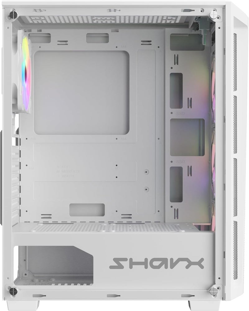 علبة كمبيوتر SHARX RAZORFIN ARGB ATX - أبيض | مع 4 مراوح مثبتة مسبقاً مقاس 120 مم، لوحة جانبية زجاجية، شبكة أمامية، منافذ Type-C/USB 3.0/USB 2.0 | متوافقة مع ATX وMicro ATX وITX - Image 5