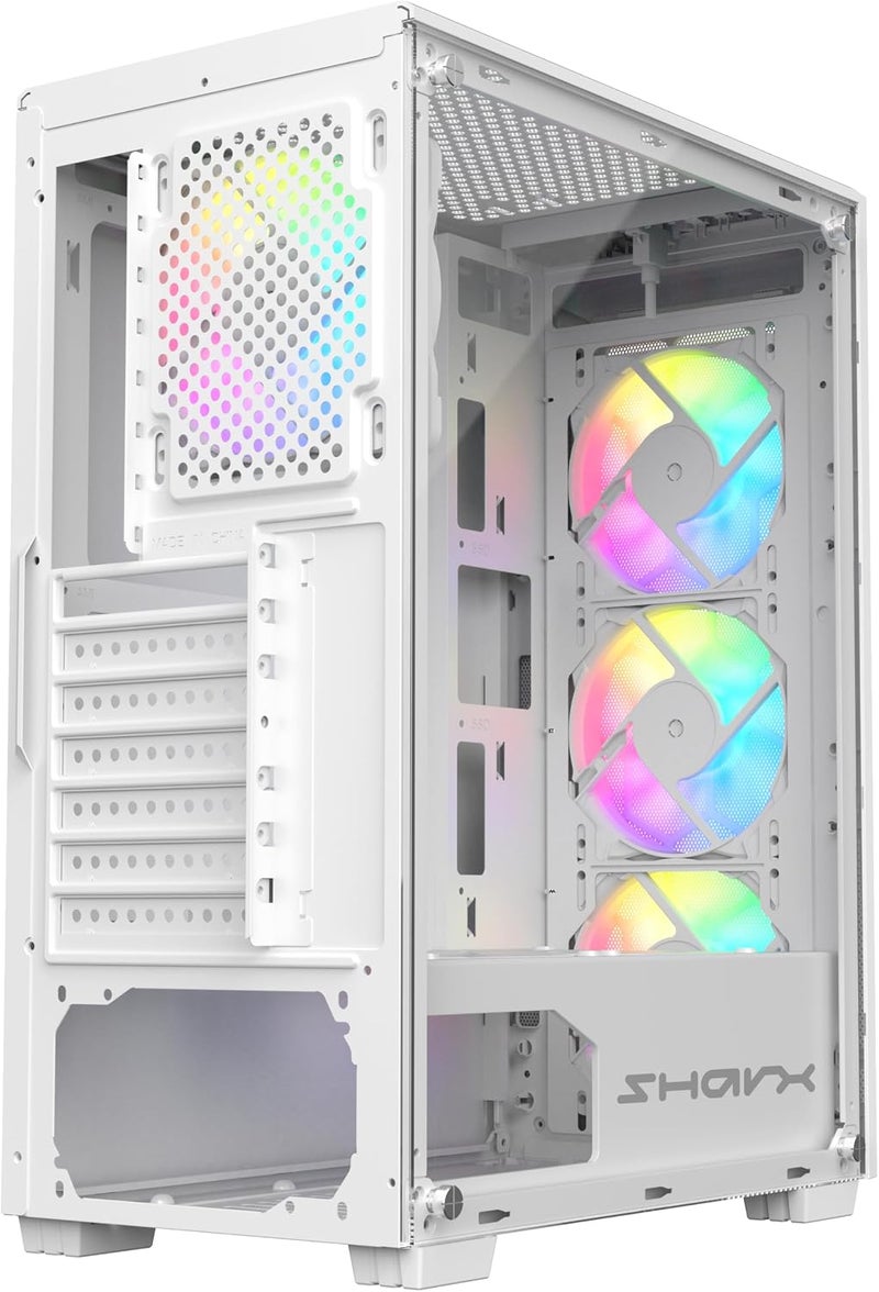 علبة كمبيوتر SHARX RAZORFIN ARGB ATX - أبيض | مع 4 مراوح مثبتة مسبقاً مقاس 120 مم، لوحة جانبية زجاجية، شبكة أمامية، منافذ Type-C/USB 3.0/USB 2.0 | متوافقة مع ATX وMicro ATX وITX - Image 4