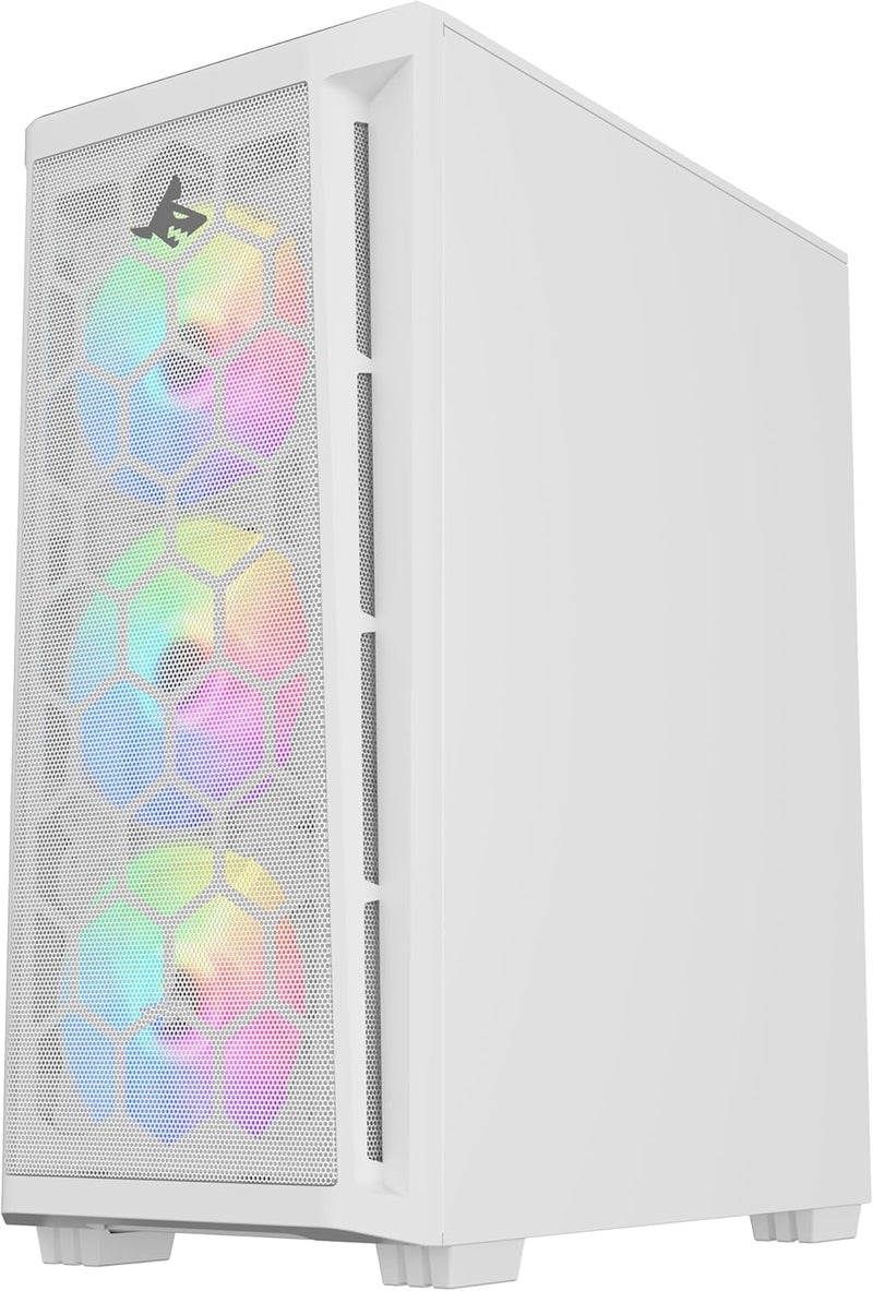 علبة كمبيوتر SHARX RAZORFIN ARGB ATX - أبيض | مع 4 مراوح مثبتة مسبقاً مقاس 120 مم، لوحة جانبية زجاجية، شبكة أمامية، منافذ Type-C/USB 3.0/USB 2.0 | متوافقة مع ATX وMicro ATX وITX - Image 1