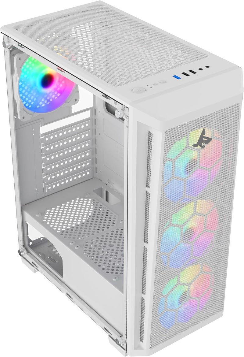 علبة كمبيوتر SHARX RAZORFIN ARGB ATX - أبيض | مع 4 مراوح مثبتة مسبقاً مقاس 120 مم، لوحة جانبية زجاجية، شبكة أمامية، منافذ Type-C/USB 3.0/USB 2.0 | متوافقة مع ATX وMicro ATX وITX - Image 3