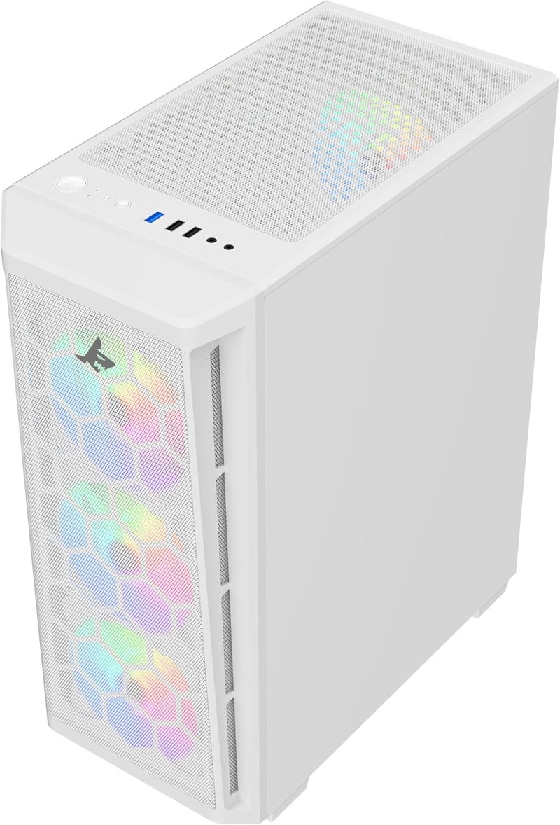 علبة كمبيوتر SHARX RAZORFIN ARGB ATX - أبيض | مع 4 مراوح مثبتة مسبقاً مقاس 120 مم، لوحة جانبية زجاجية، شبكة أمامية، منافذ Type-C/USB 3.0/USB 2.0 | متوافقة مع ATX وMicro ATX وITX - Image 2