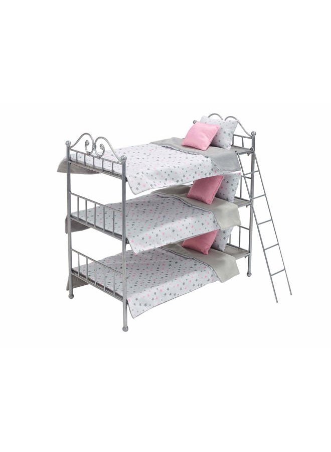 Badger Basket Toy Scrollwork Metal Triple Doll Bunk Bed with Ladder and Bedding for 18 inch Dolls - Silver/Pink - Image 1