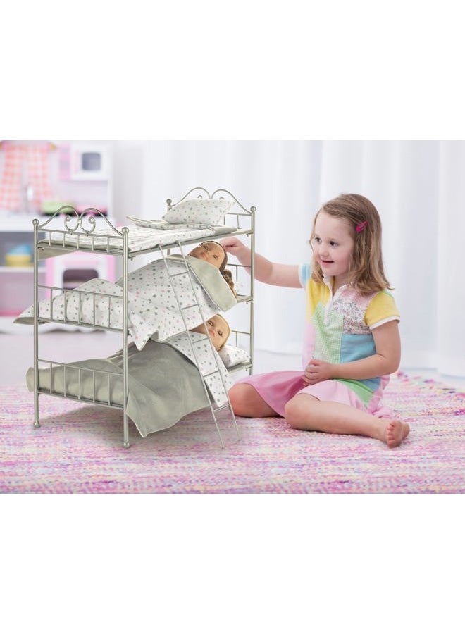 Badger Basket Toy Scrollwork Metal Triple Doll Bunk Bed with Ladder and Bedding for 18 inch Dolls - Silver/Pink - Image 5