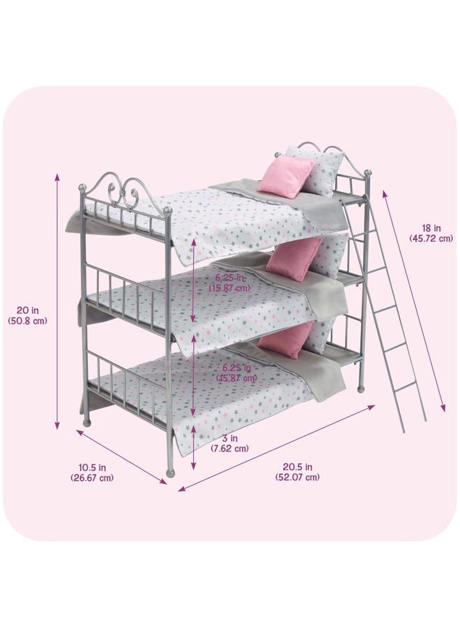 Badger Basket Toy Scrollwork Metal Triple Doll Bunk Bed with Ladder and Bedding for 18 inch Dolls - Silver/Pink - Image 4