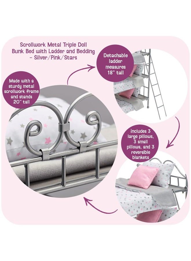 Badger Basket Toy Scrollwork Metal Triple Doll Bunk Bed with Ladder and Bedding for 18 inch Dolls - Silver/Pink - Image 2