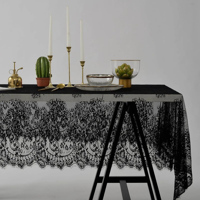 Y&D White and Black Floral Embroidered Table Runner with Vintage Lace Trim – Elegant Table Cover for Weddings, Parties, and Home Decor - Image 4