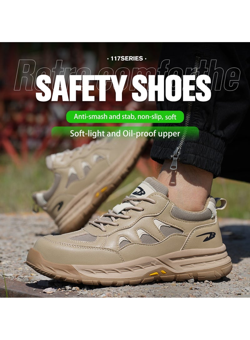 Breathable labor protection shoes, anti-smash and anti-puncture steel toe safety shoes, comfortable and wear-resistant work shoes, lightweight adventure sports shoes khaki - Image 2